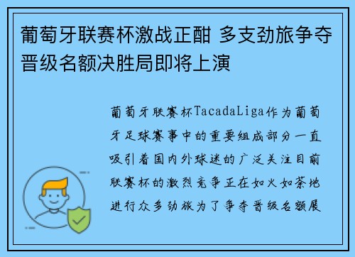 葡萄牙联赛杯激战正酣 多支劲旅争夺晋级名额决胜局即将上演